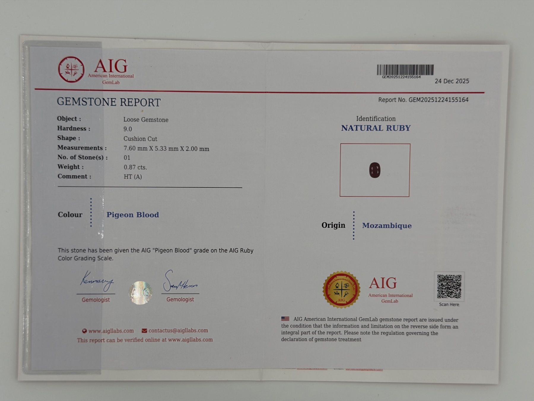 Edelsteine: Natural Pigeon Blood Ruby 0.87ct - Incl. Certificate – Neu und originalverpackt aus Buchs SG von OTNaturalGems 8