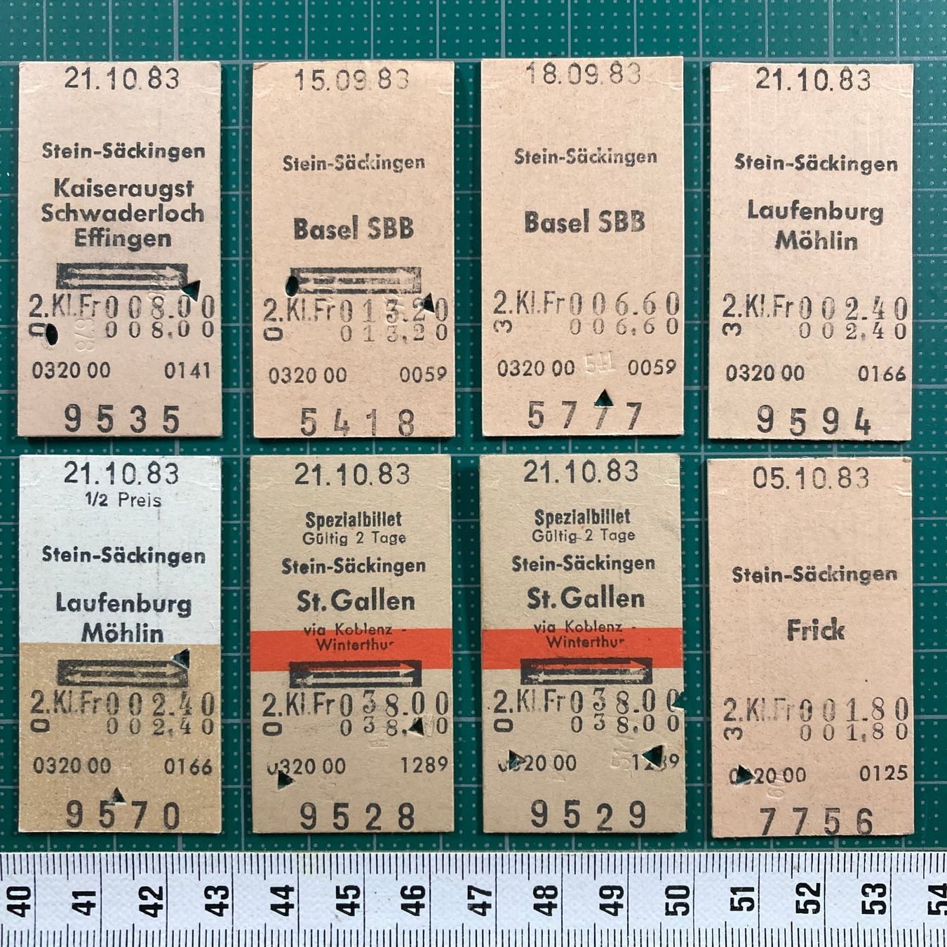Billets: Stein - Säckingen, 8 alte Edmondsonsche Bahn Billette, SBB – D'occasion à Lenzburg par fh1
