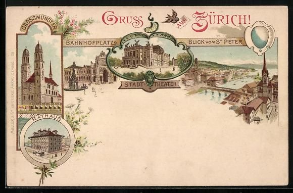 Cartoline postali: Litho Zürich, Bahnhofplatz, Stadttheate – Usato da Berlin venduto da bartko-reher