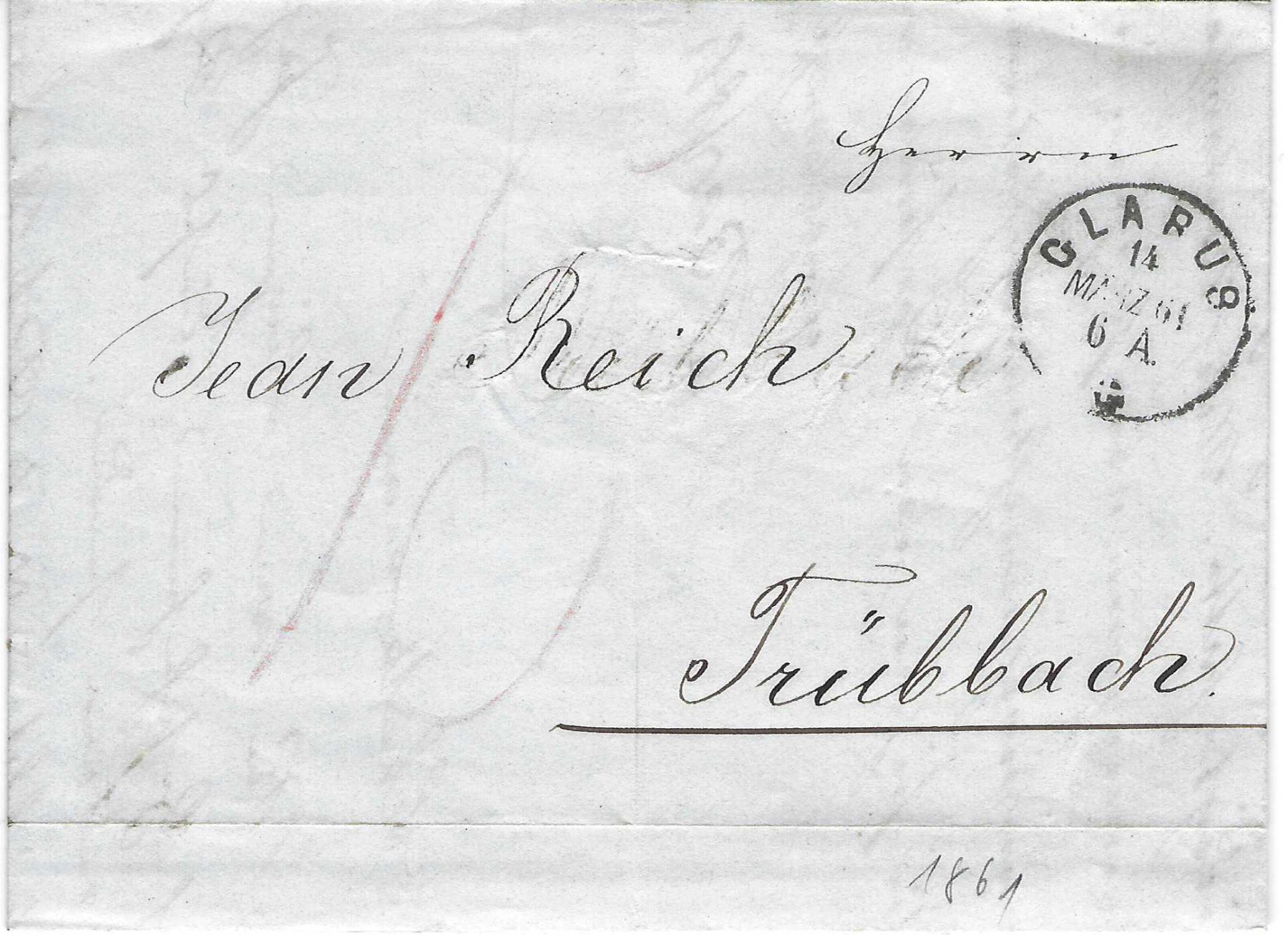 Tutti i francobolli: Faltbrief Glarus - Trübbach  1861 – Usato da Wildhaus venduto da Brunphil