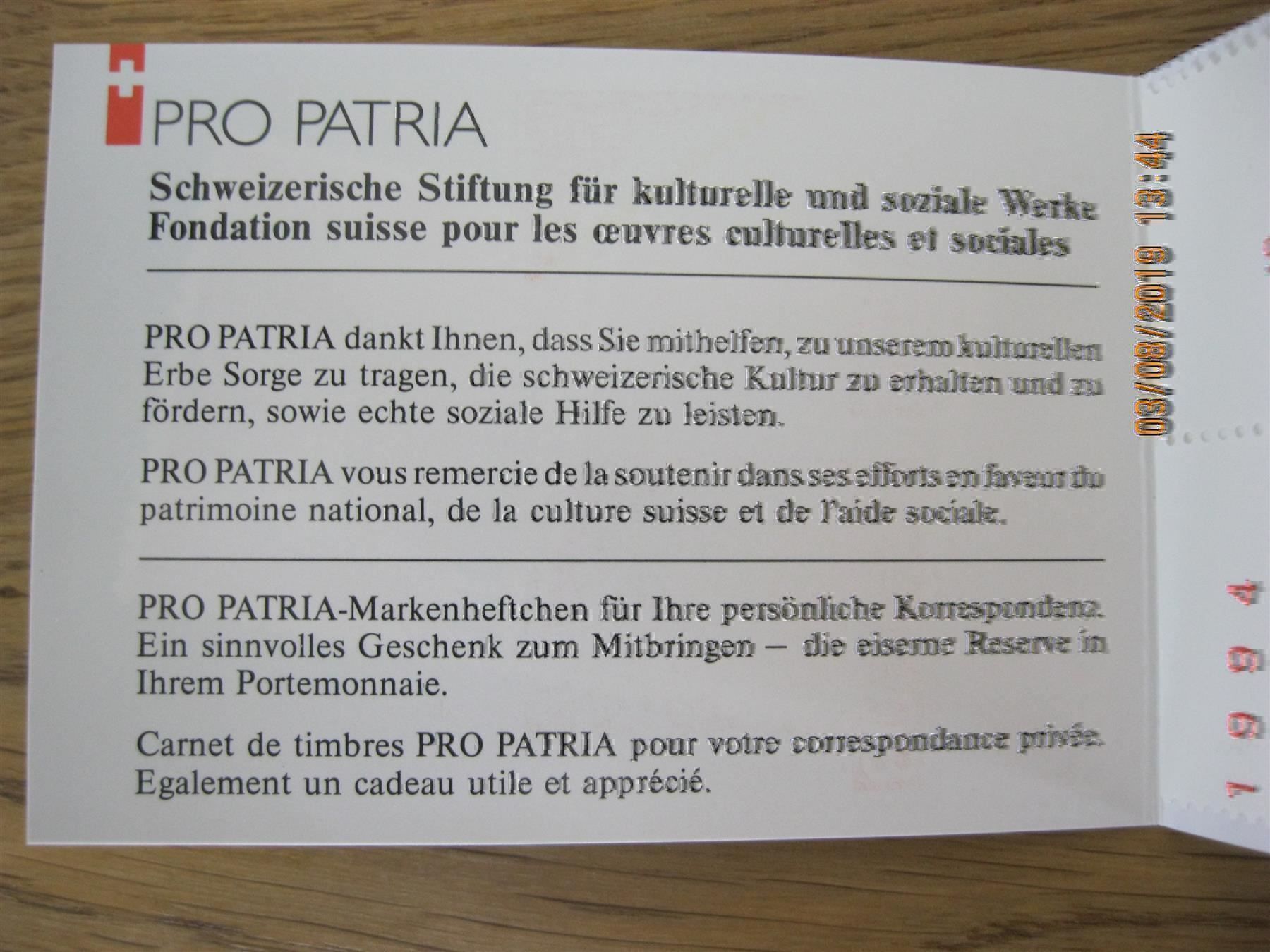 Tutti i francobolli: 1994 Pro Patria Markenheft Postfrisch – Nuovo (secondo la descrizione) da Affoltern am Albis venduto da Andrezc 2
