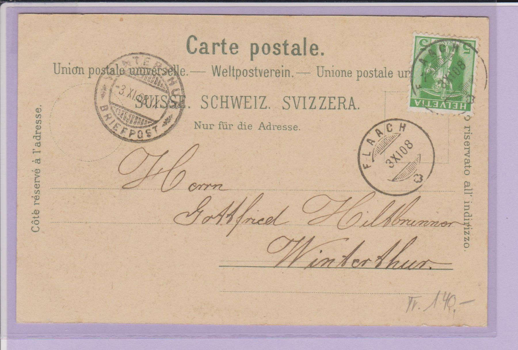 Cartoline postali: Flaach   :   Litho - Karte von  1908 – Usato da Vitznau venduto da Ropaku 1