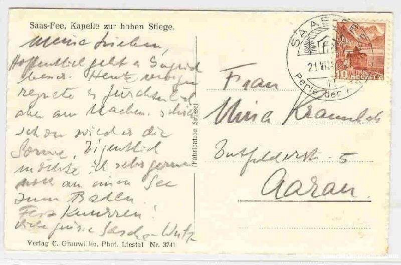 Cartoline postali: Saas Fee - Kapelle + 1946 – Usato da Emmenbrücke venduto da teestube 1