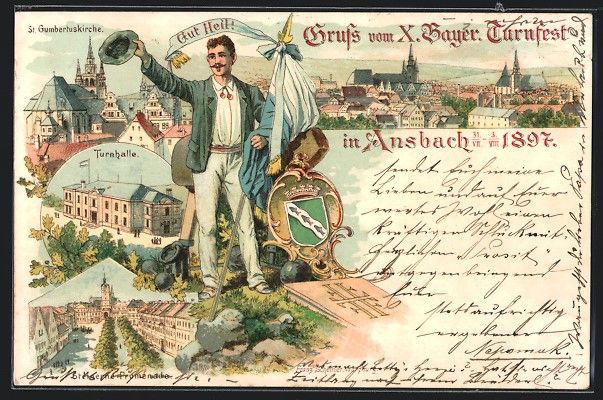 Cartoline postali: Litho Ansbach, X. Bayer. Turnfest 1897,  – Usato da Berlin venduto da bartko-reher