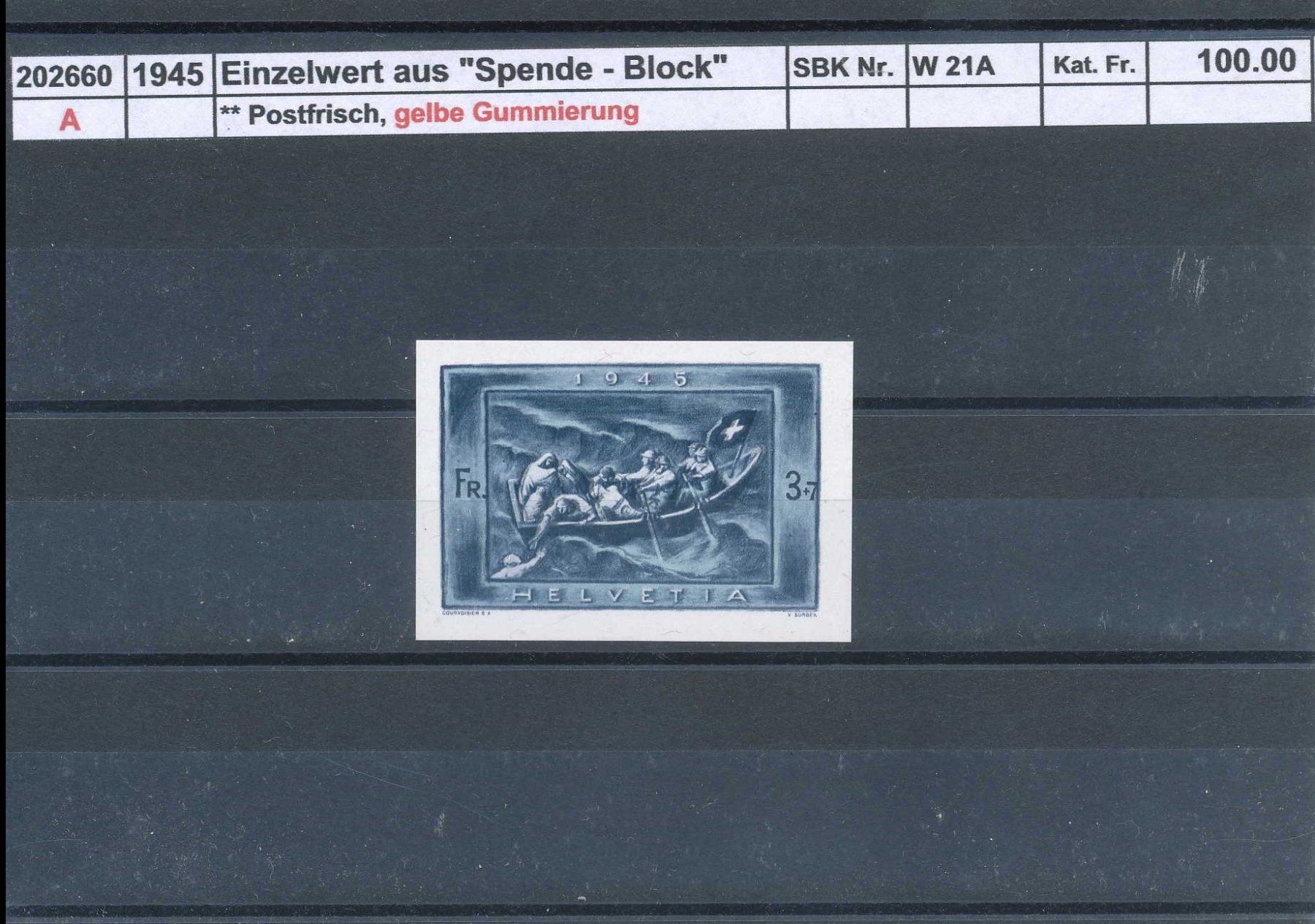 Tutti i francobolli: 1945 Einzelwert aus "Spende - Block", gelbe Gummierung, ** – Nuovo (secondo la descrizione) da Winterthur venduto da Zupogeru