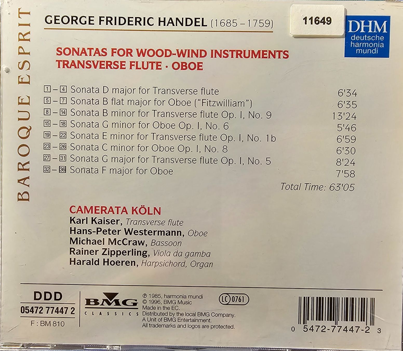 CD: Camerata Köln - Händel - Bläsersonaten – Usato da Wahlen b. Laufen venduto da Cg10 1