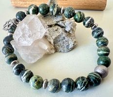 Glücks Armband Serpentin mit Kleeblatt Silberperle Unikat