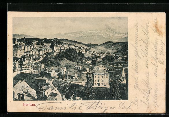 Cartoline postali: AK Herisau, Teilansicht mit Bergblick – Usato da Berlin venduto da bartko-reher