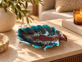 Plat feuille Vallauris vintage turquoise & brun – céramique 