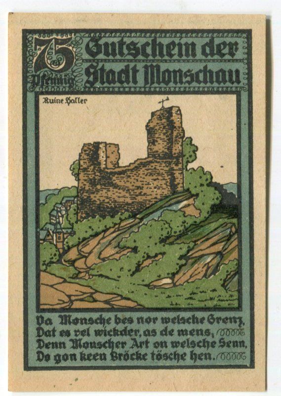 Banconote: Notgeld "75 Pfennig.  Monschau 1921" – Usato da Basel venduto da Butsch5