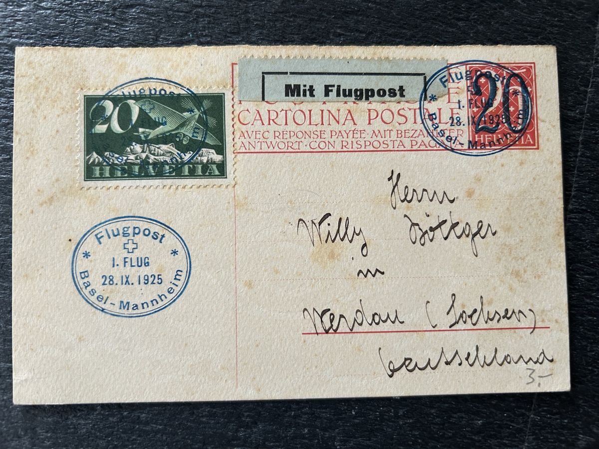 Alle Briefmarken: 1925 carte postale 1. FLUG Basel-Mannheim – Gebraucht aus Vétroz von Laly63