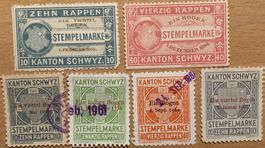 6 Stempelmarken Kanton Schwyz, 1896 - 1962 - Fiskalmarken