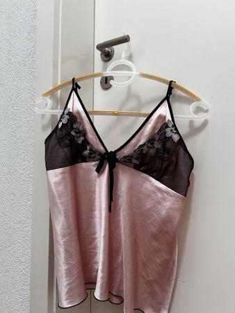Dessous Nachhemd Seide Rosa Schwarz Spitze
