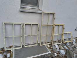 5 alte Fenster mit Sprossen, Vintage Shabby Chic, Deko