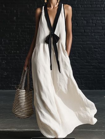 Maxi Abito bianco con fiocco nero-tg M/L-feste👌vacanze