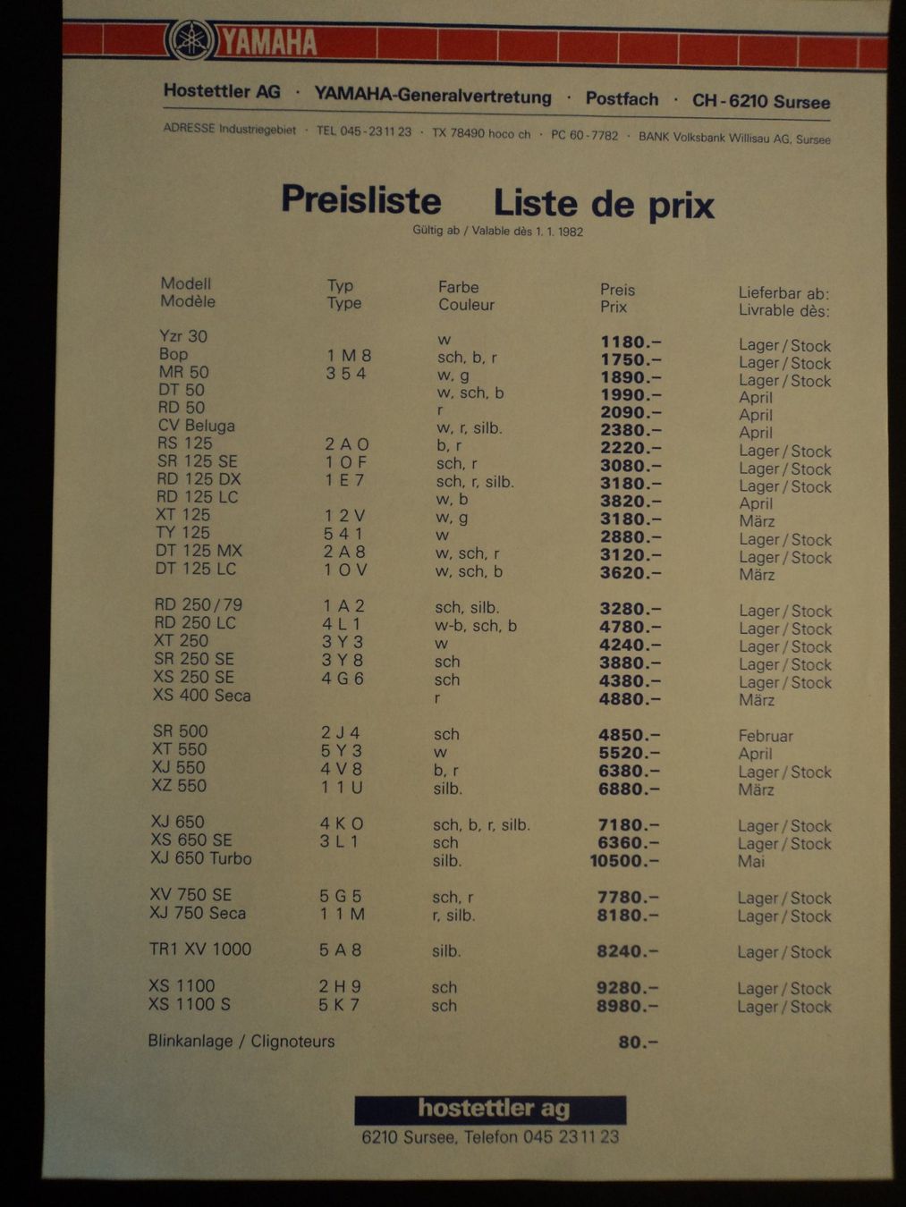 Documenti: Prospekt Preisliste Yamaha 1982 – Usato da Schwarzenburg venduto da modelCARama 1
