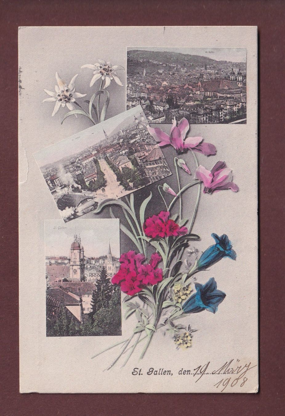 Cartoline postali: ST. GALLEN - 3 Bilder - 1908 – Usato da Pully venduto da nicecards
