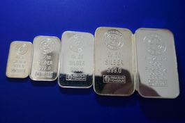 5 x 999 Silberbarren ARGOR Serie 5-10-20-50-100 g
