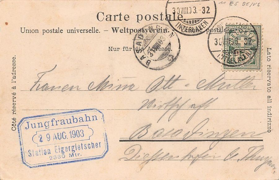 Cartoline postali: Gruss vom Eigergletscher!, Stempel Jungfraubahn 29 AUG 1903 – Usato da Frauenfeld venduto da POML 1