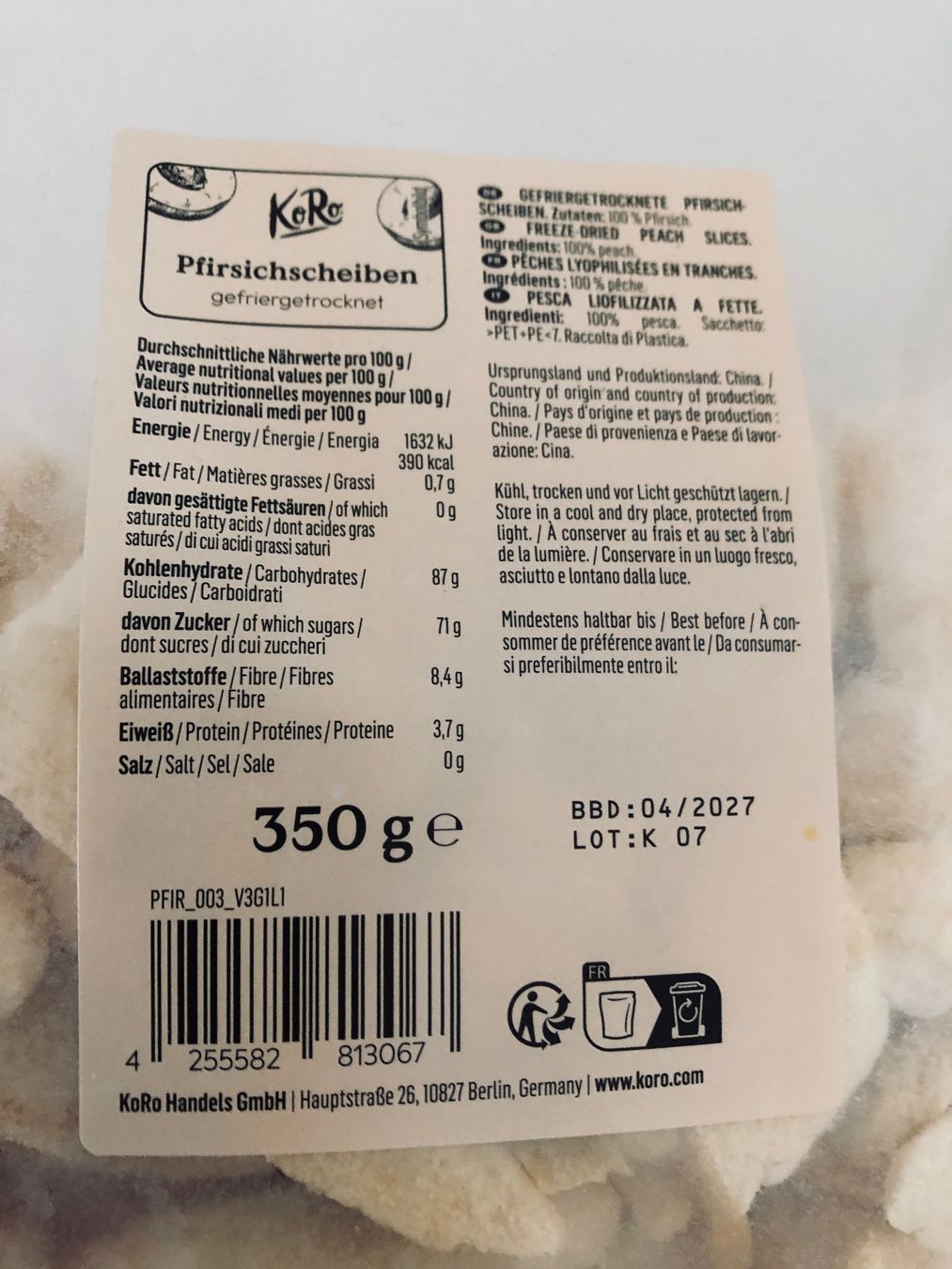 Cibi & Specialità: KoRo gefriergetrocknete Pfirsichscheiben, 350g, – Nuovo (secondo la descrizione) da Arlesheim venduto da leyRum4.5