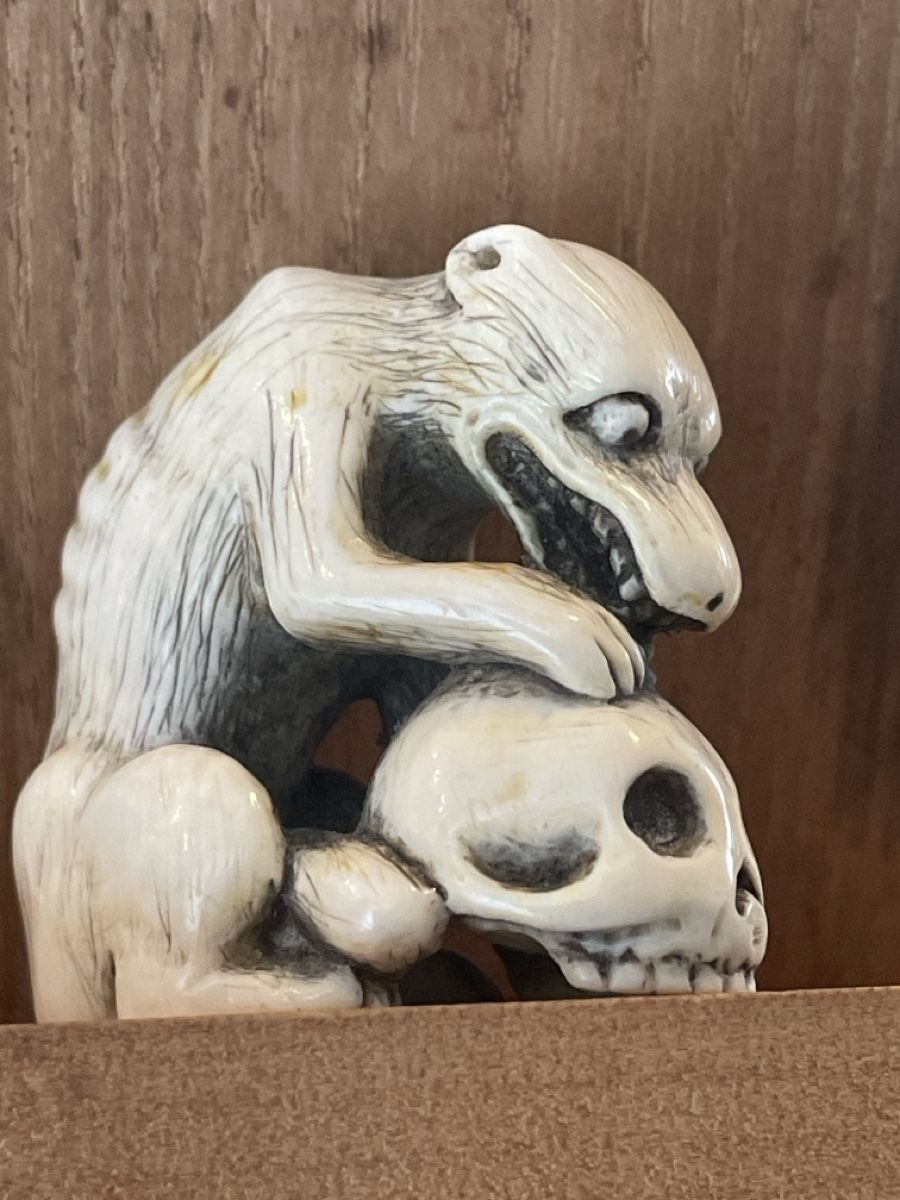Statuette: Netsuke, sitzender Wolf oder Hund mit Schädel – Usato da Embrach venduto da Gauvain1