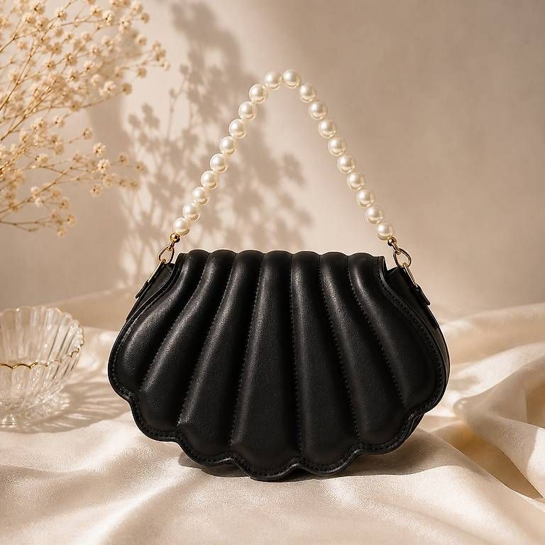 Borse da donna: Borsa nera a conchiglia con manico di perle – Nuovo e nell'imballaggio originale da Lugano venduto da solowolford 1