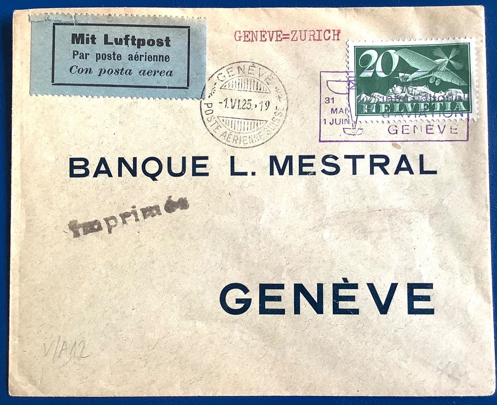 Tous les timbres: 1925 - Schweiz - Flugpost / Genève - Zürich – D'occasion à Liestal par Skunk02