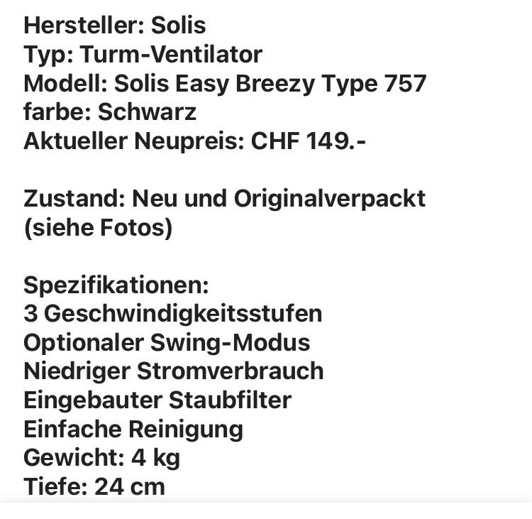 Solis Ventilatori: Turm Ventilator Solis Easy Breezy – Nuovo (secondo la descrizione) da Reinach   AG venduto da fahrzeug 4