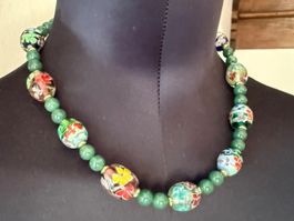 Unikat 💎 Halskette grüner Jade, Millefiori Glasperlen