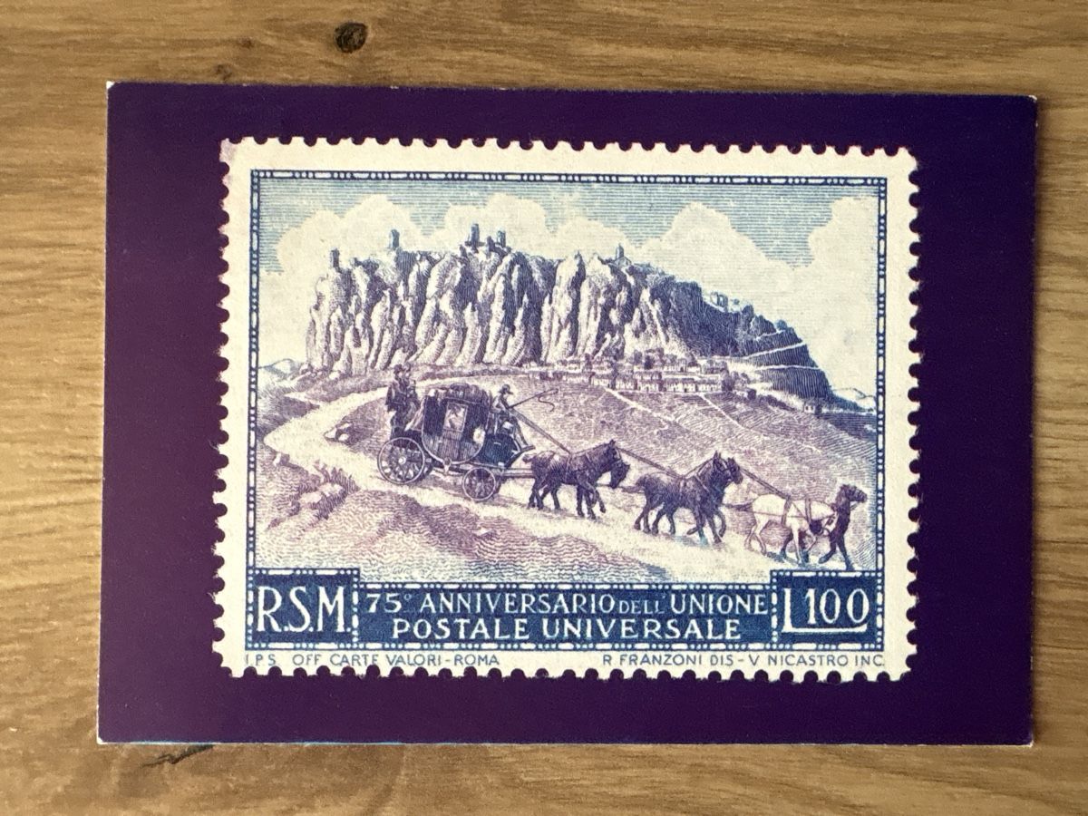 Tous les timbres: Timbre Saint-Marin 75e Anniversaire Poste Universelle – D'occasion à Carouge GE par irma016 1