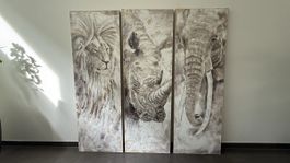 Wandbild Set Tiere Löwe Nashorn Elefant 3-teilig braun