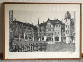 Magnifique Tableau dessin VIEILLE VILLE DE BIENNE, M. Moral