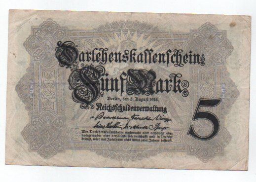 Banconote: 5 MARCHI - 5 AGOSTO 1914 - GERMANIA – Usato da CHIASSO venduto da Rochelle59. 1