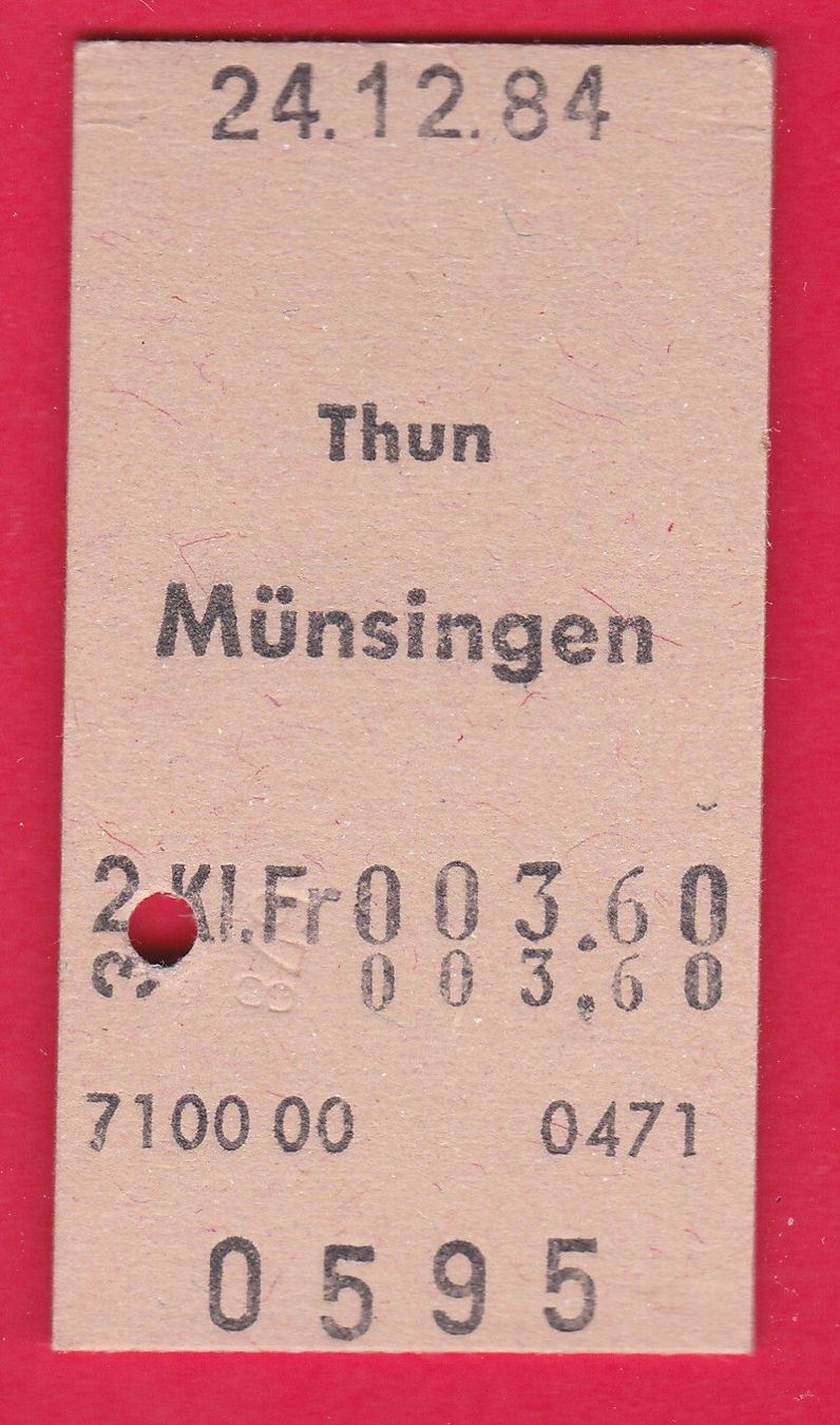 Biglietti: KARTON BILLETT, THUN - MÜNSIGEN, 2.KLASSE, EINFACH, 1984 – Usato da Oberrieden venduto da Gebirgsstelze