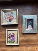 3er Set Vintage Miniatur-Ölgemälden mit Blumen