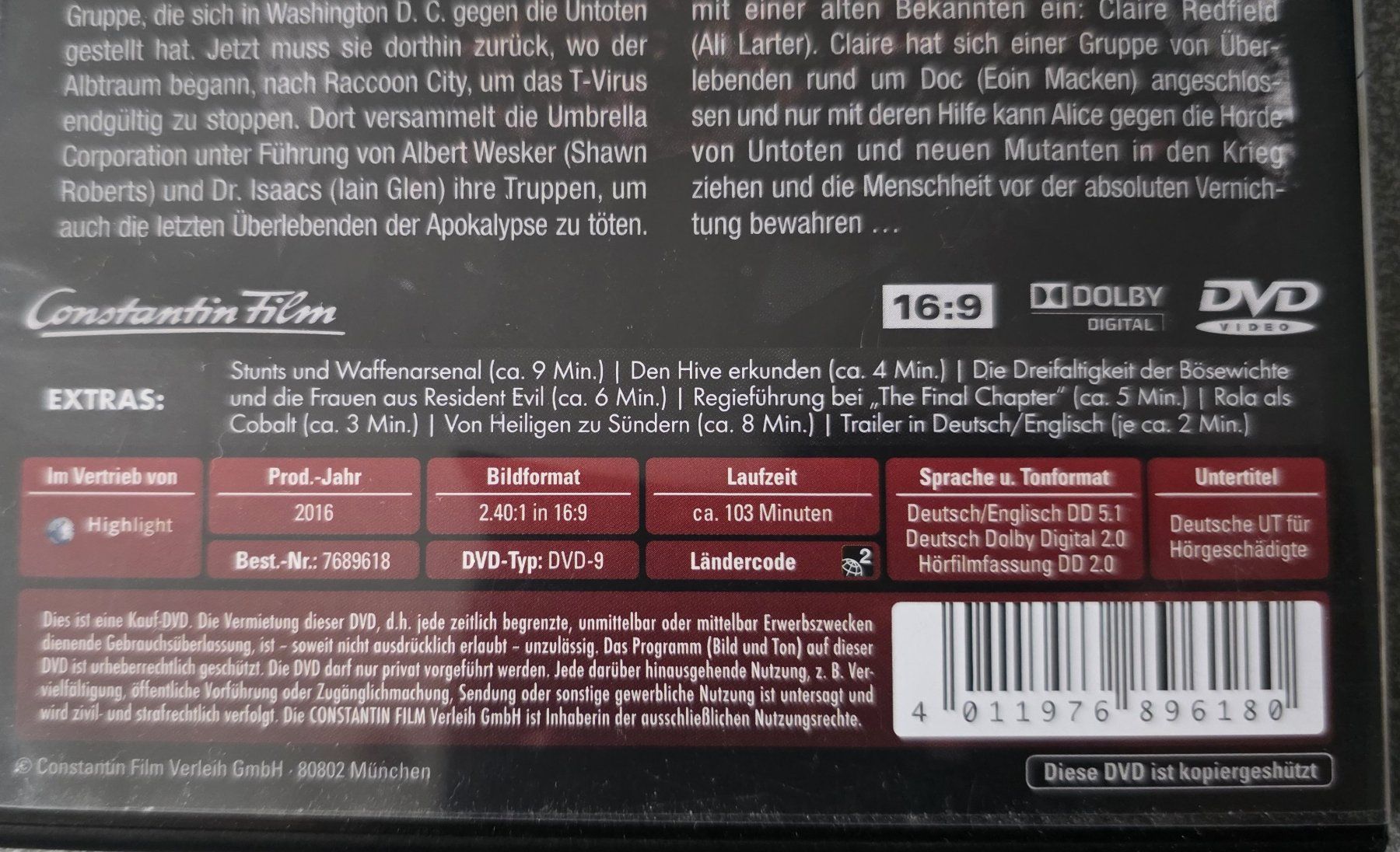 Tous les DVDs: DVD Resident Evil The Final Chapter – D'occasion à Oetwil am See par fineli2 1