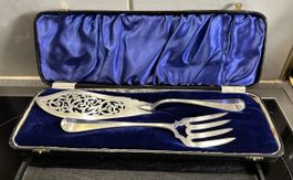 Antikes Vorlegebesteck, Fischbesteck, versilbert, Etui