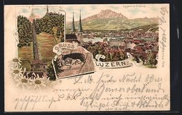 Litho Luzern, Stadtausblick und Bergbahn