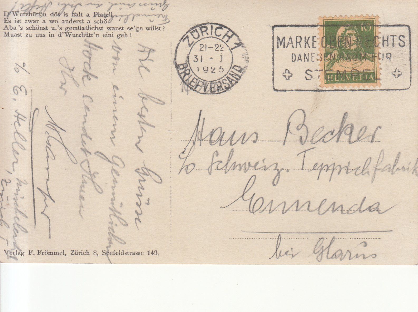 Cartoline postali: Zürich Wurzhütte 1925 – Usato da Bürglen TG venduto da StampGraf 1