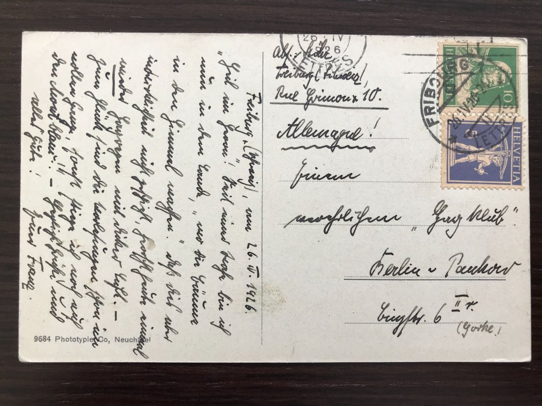 Ansichtskarten: FRIBOURG et la Sarine, 1926 – Gebraucht aus Wald ZH von  1