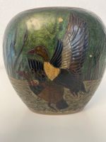 Messingvase Jugendstil, emailliert, Wildentenmotiv