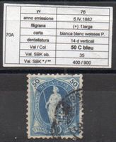 1882 HELVETIE DEBOUT STEHENDE HELVETIA SBK 70A 50 Rp Blau O.