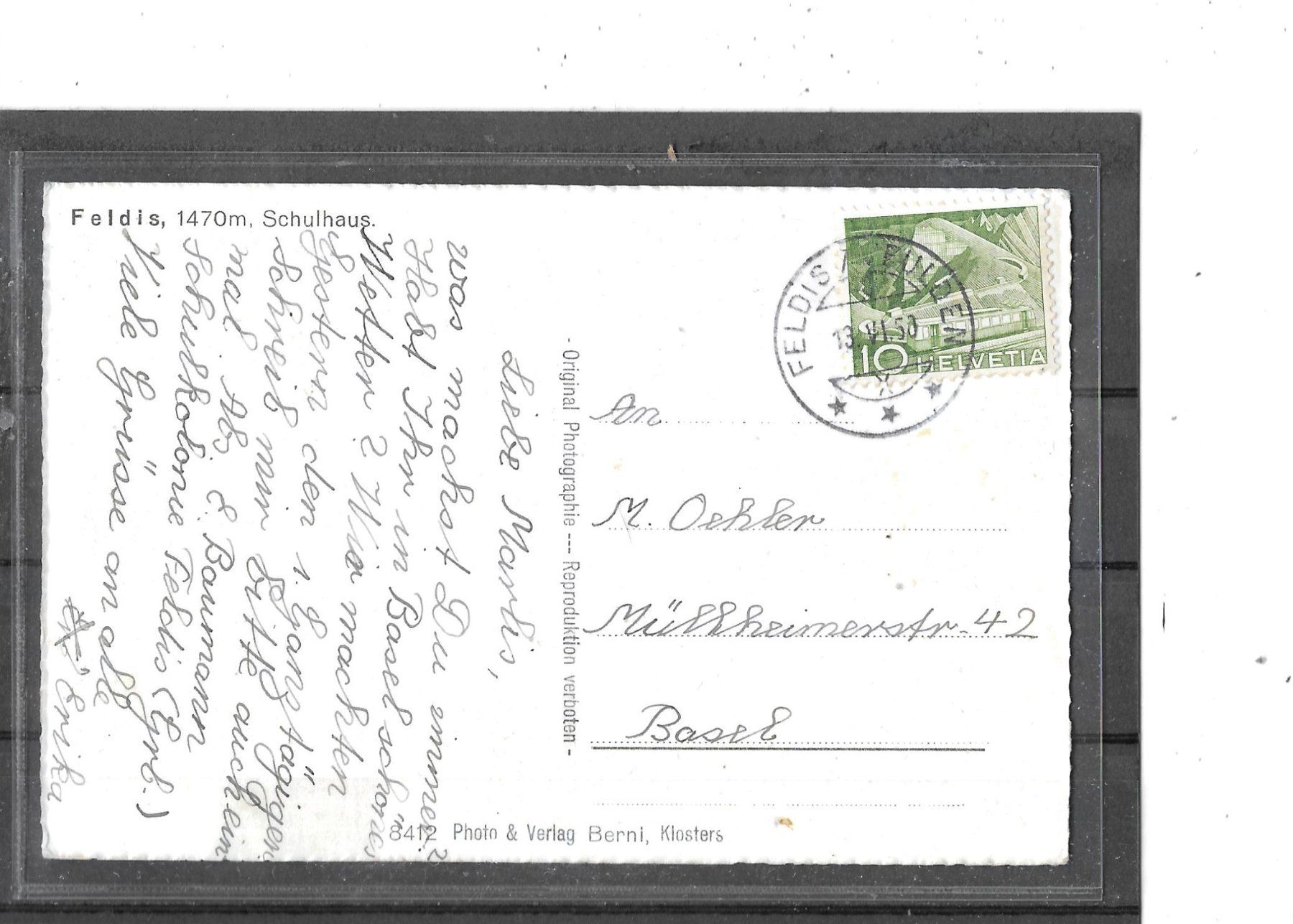 Cartoline postali: GR Feldis 1958 Schulhaus – Usato da Schocherswil venduto da Wilare 1