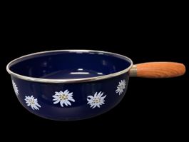Fondue Caquelon Emaille blau Edelweiss Dekor Holzgriff