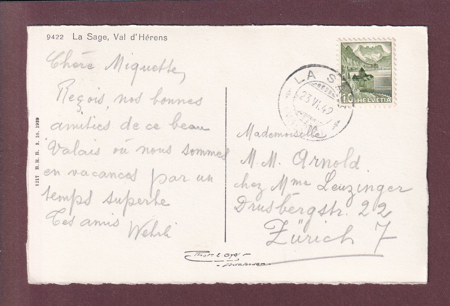 Cartes postales: Val d'Hérens - LA SAGE - 1949 – D'occasion à Pully par nicecards 1