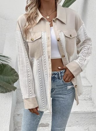 Schicke Wickelbluse mit Häkelspitze Gr. S/M beige