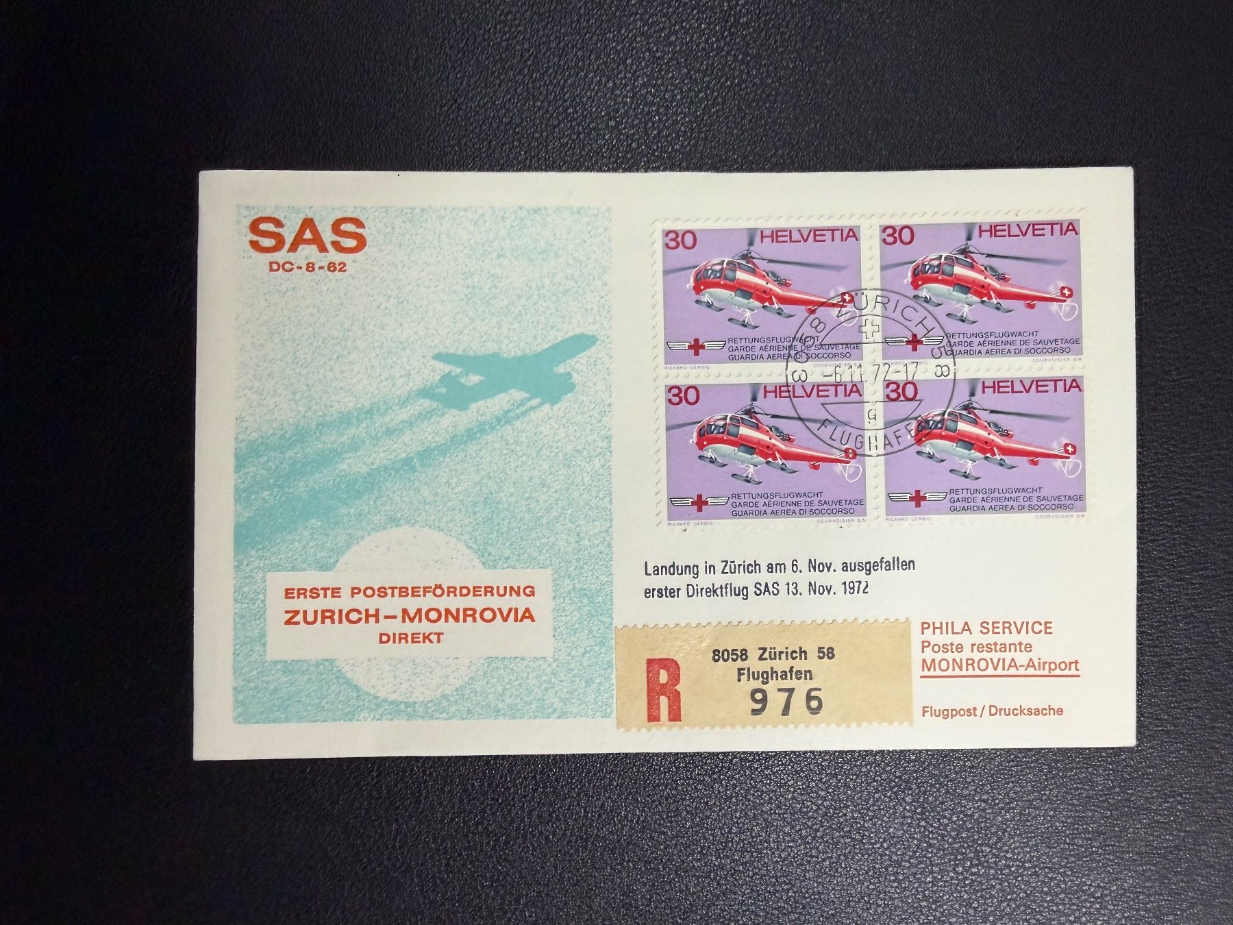 Tutti i francobolli: SAS Erstflugbrief Zürich-Monrovia 1972 – Usato da oberrüti venduto da jeanmei