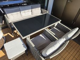 Lounge Set Rattan mit Tisch und Polstern grau