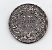 (1176) Schweiz, 5 Franken, 1874 B., sitzende Helvetia
