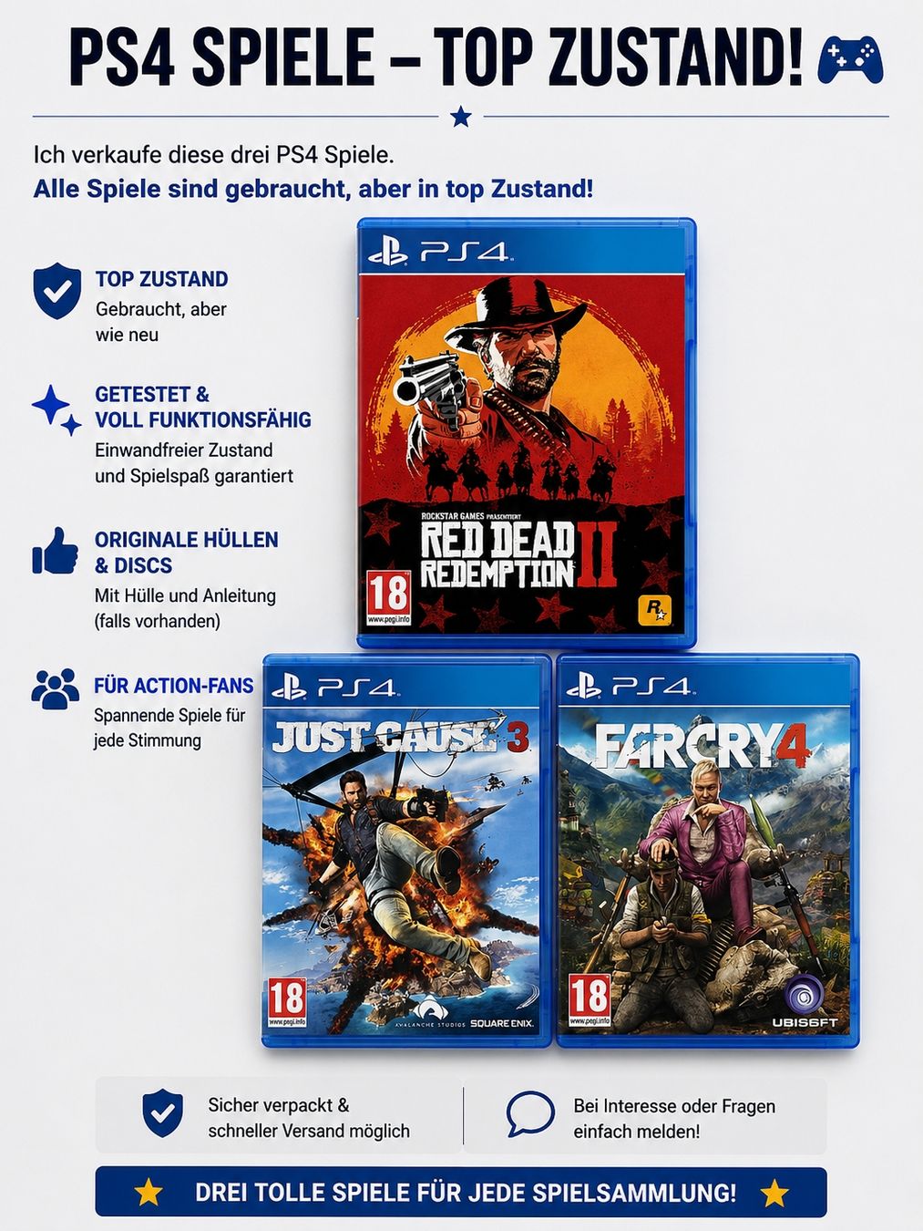 Spiele: PS4 Spiele Red Dead 2, Just Cause 3, Far Cry 4 – Gebraucht aus Ehrendingen von lax21